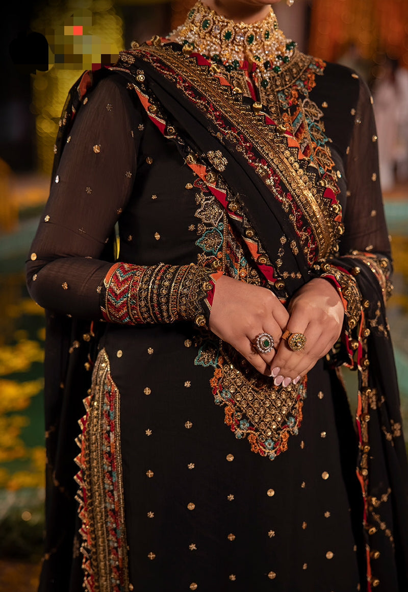 Luxury Black Embroidered Dhanak 3-Piece Suit with Neck Patch