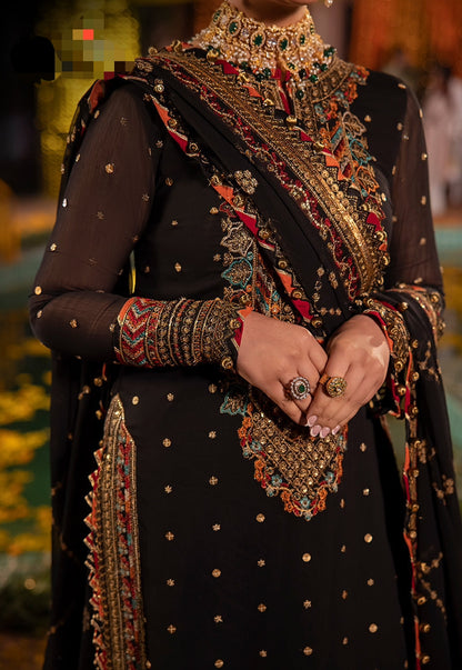 Luxury Black Embroidered Dhanak 3-Piece Suit with Neck Patch