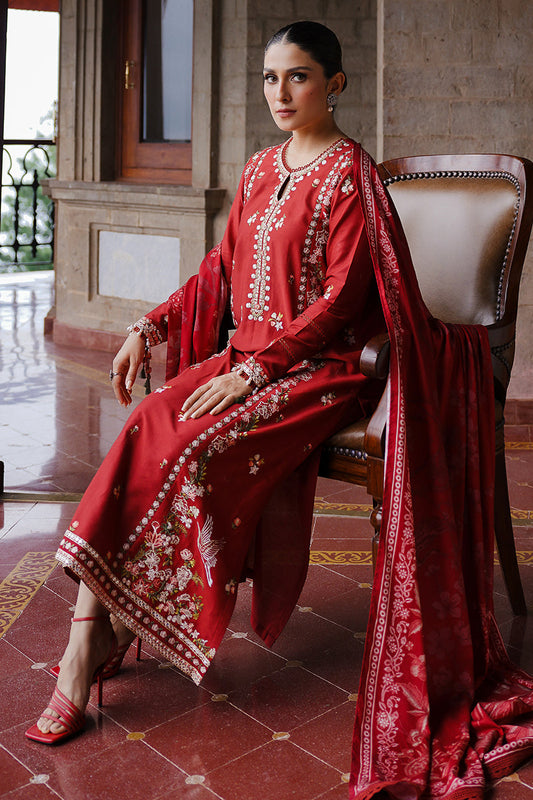 Red Ember Embroidered Dhanak 3-Piece Suit