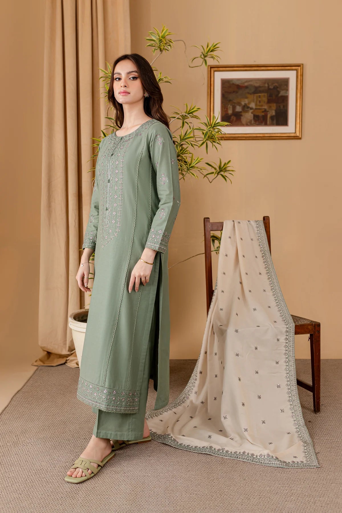 Sage Serenade Embroidered Dhanak 3-piece Outfit