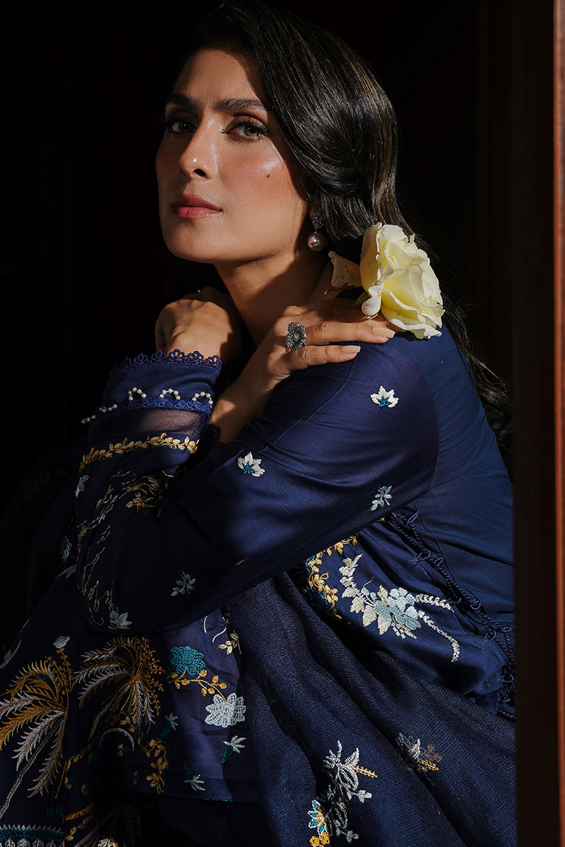 Elegant Navy Charm Embroidered Dhanak 3-Piece Outfit