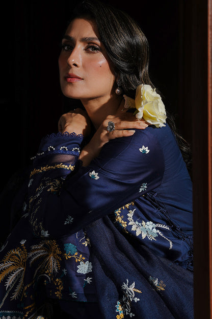 Elegant Navy Charm Embroidered Dhanak 3-Piece Outfit