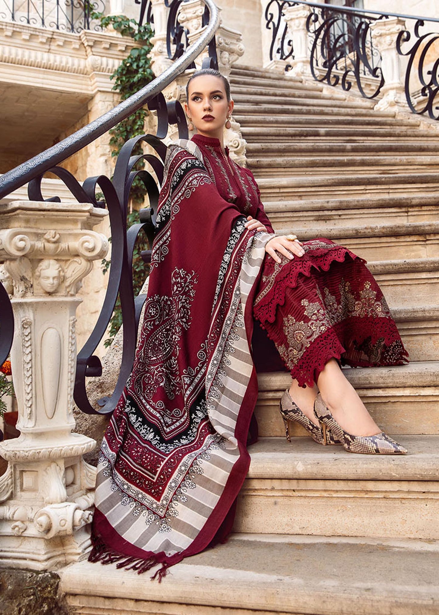 Crimson Grace Embroidered 3-piece Dhanak Suit