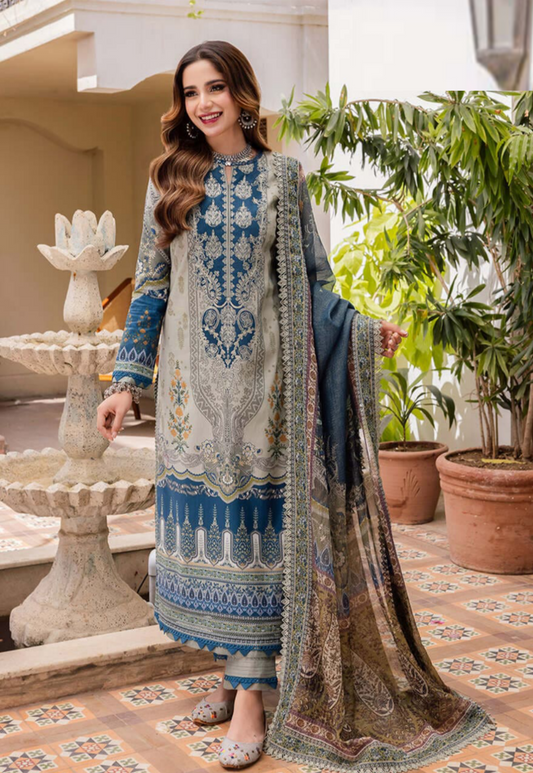 Glamouras Gray Printed + Embroidered Pure Lawn 3-Piece Suit
