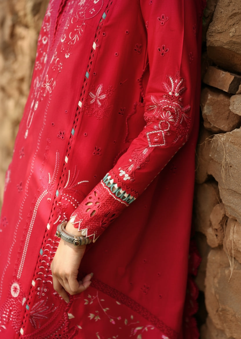 Vibrant Red Embroidered Dhanak 3-Piece Suit