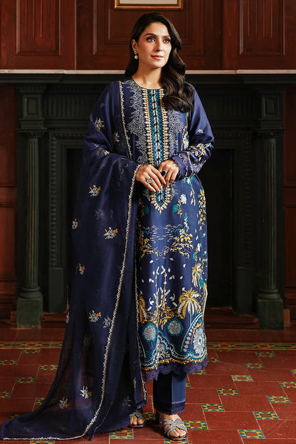 Elegant Navy Charm Embroidered Dhanak 3-Piece Outfit