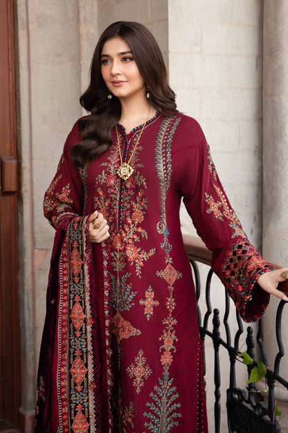 Maroon Embroidered Dhanak 3-Piece Suit