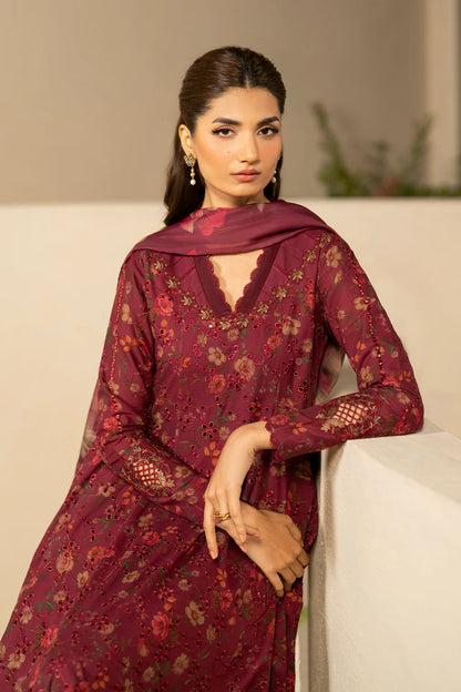 Crimson Charm Printed Dhanak 3-Piece Suit