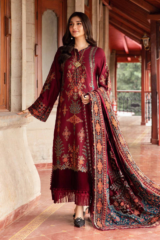 Maroon Embroidered Dhanak 3-Piece Suit