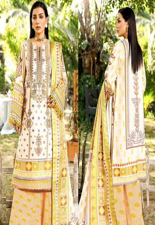 Luxurious Cream Printed + Embroidered Pure Lawn 3-Piece Suit