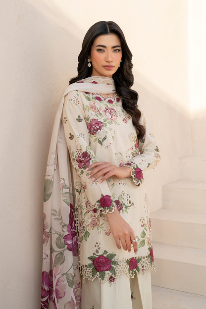 Ivory Floral Printed Dhanak 3-Piece Suit