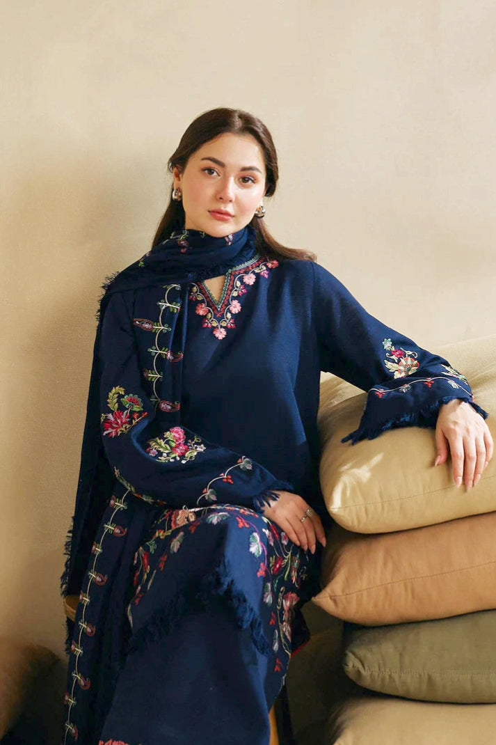 Floral Blue Embroidered Dhanak 3-Piece Outfit - Festive Attire