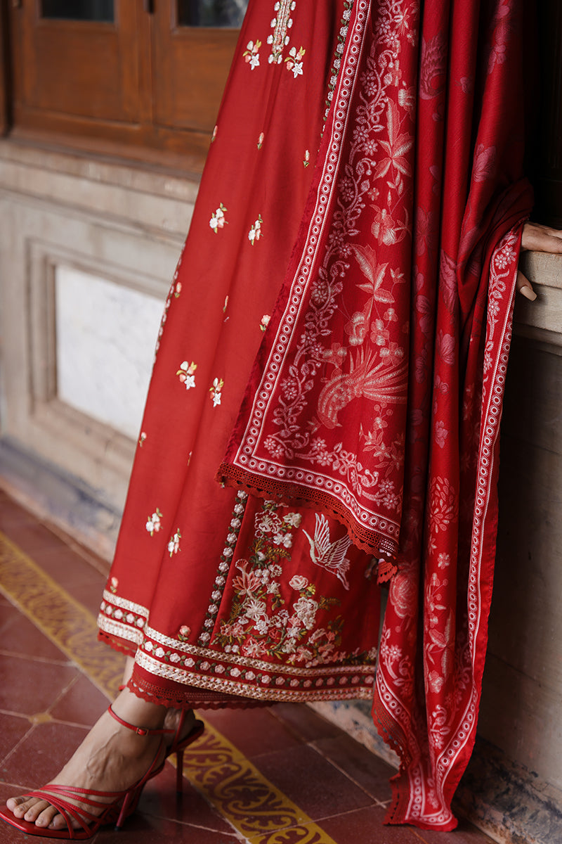 Red Ember Embroidered Dhanak 3-Piece Suit