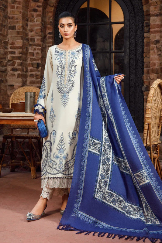 Celestial White Embroided 3-piece Suit with Slub wool Printed Shawl