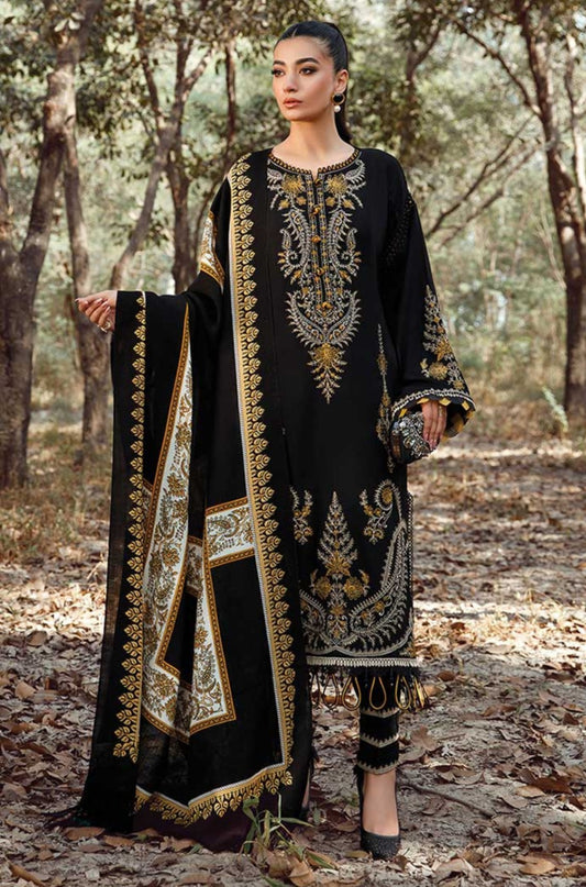 Dark Luxe Embroided 3-piece Suit with Pashmina wool Printed Shawl