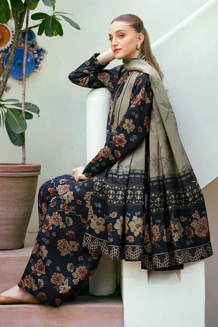 Elegant Navy Printed Dhanak 3-Piece Suit - Floral Pattern