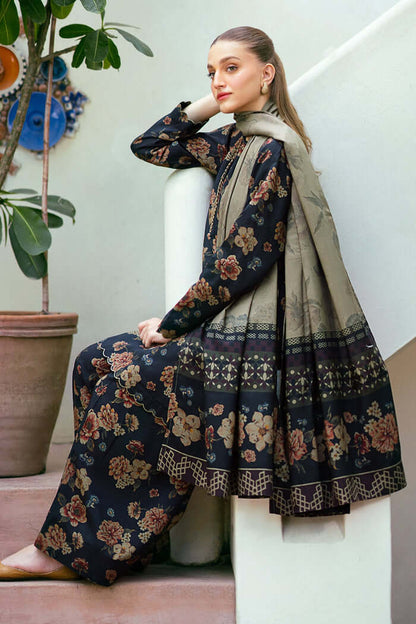 Elegant Navy Printed Dhanak 3-Piece Suit - Floral Pattern