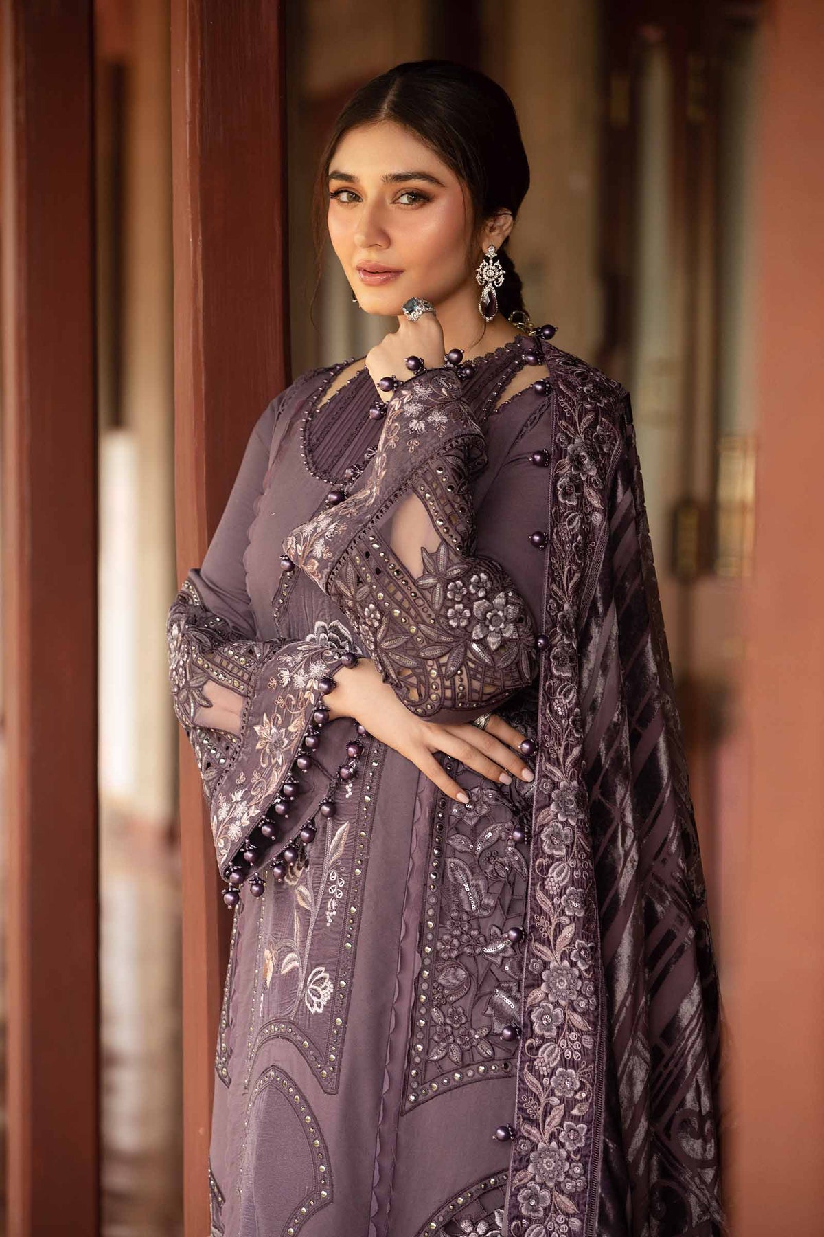 Chic Mauve Embroidered Dhanak 3-Piece Suit