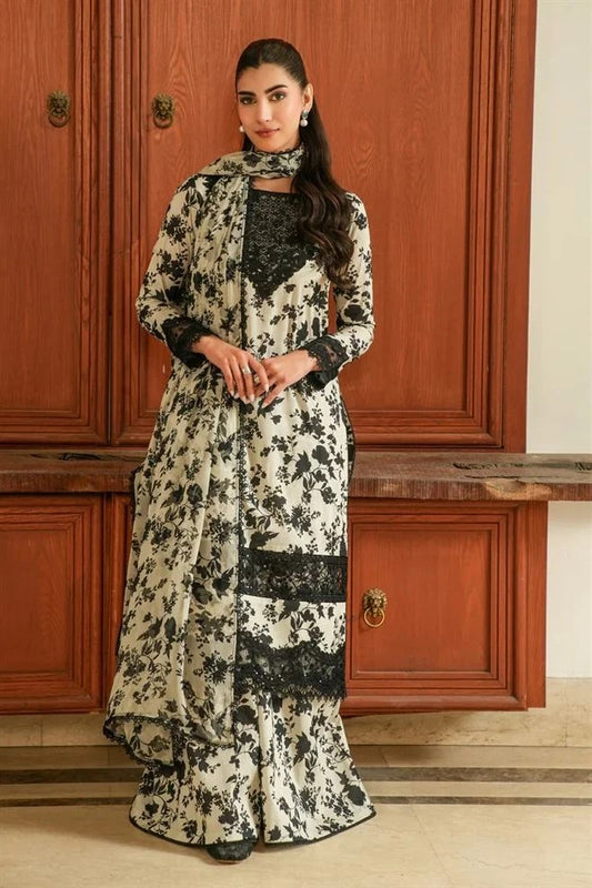 Black & White Printed Pure Dhanak 3-Piece Suit