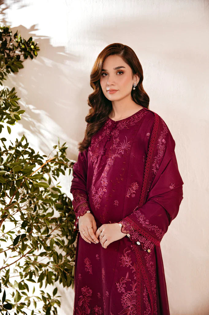Majestic Maroon Embroidered Luxury Dhanak 3-Piece Outfit