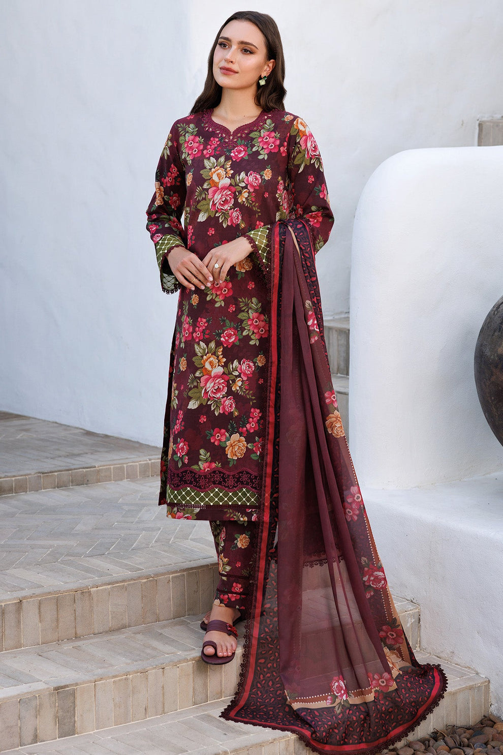 Rich Maroon Printed Lawn 3-Piece Outfit – Refined Summer Wear