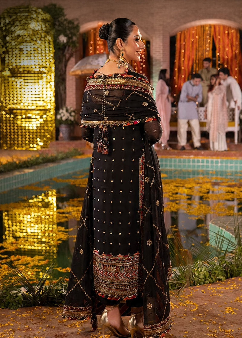 Luxury Black Embroidered Dhanak 3-Piece Suit with Neck Patch