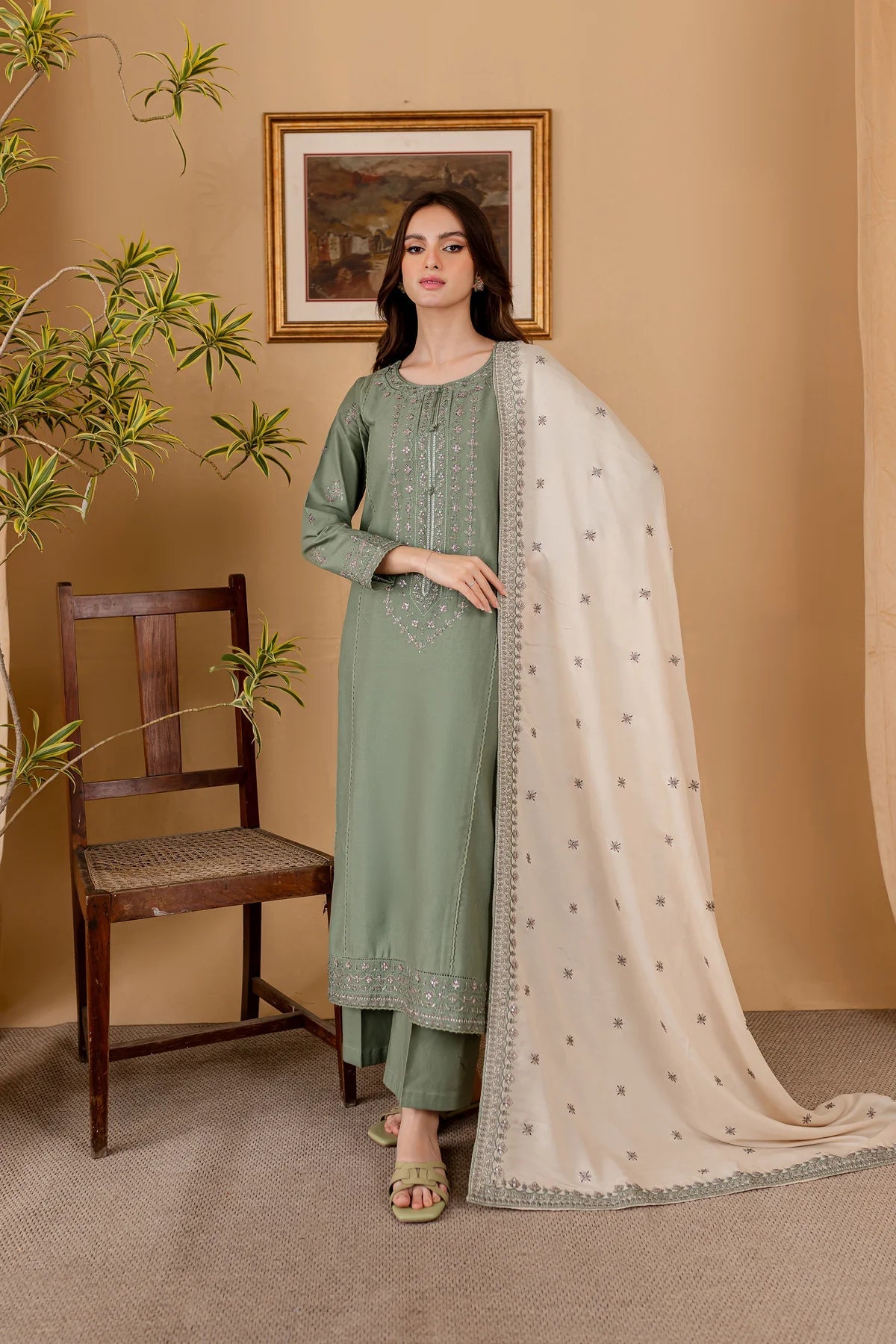 Sage Serenade Embroidered Dhanak 3-piece Outfit