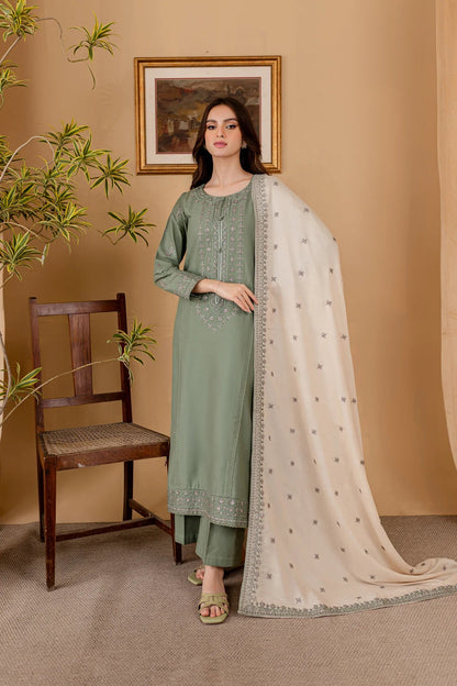 Sage Serenade Embroidered Dhanak 3-piece Outfit
