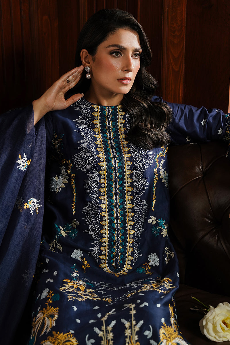 Elegant Navy Charm Embroidered Dhanak 3-Piece Outfit