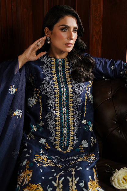 Elegant Navy Charm Embroidered Dhanak 3-Piece Outfit