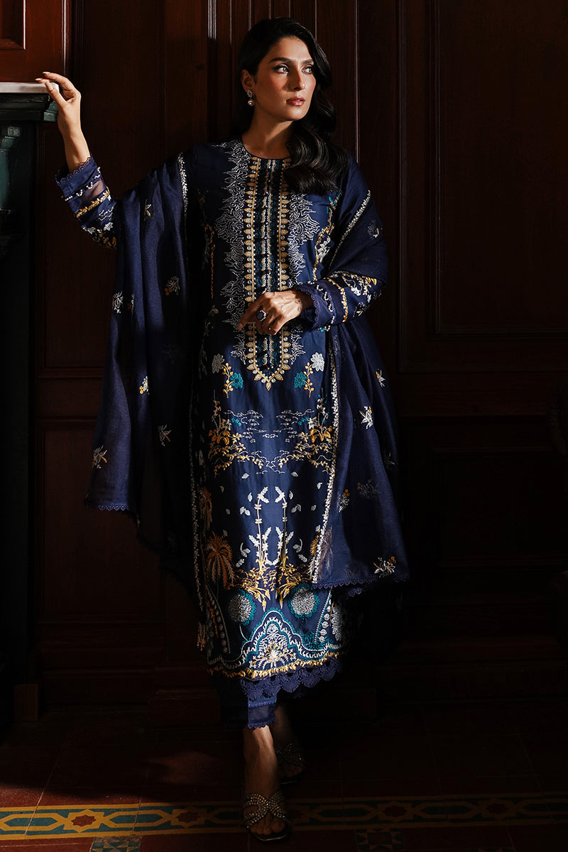 Elegant Navy Charm Embroidered Dhanak 3-Piece Outfit