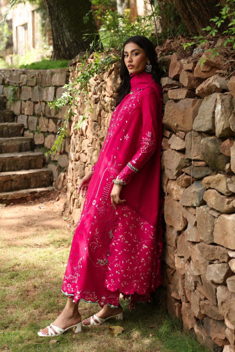 Vibrant Pink Embroidered Dhanak 3-Piece Suit