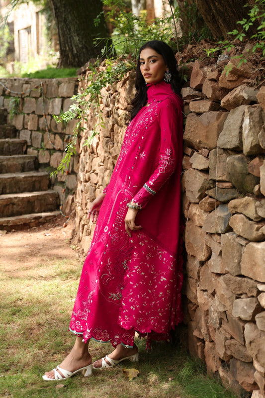 Vibrant Pink Embroidered Dhanak 3-Piece Suit