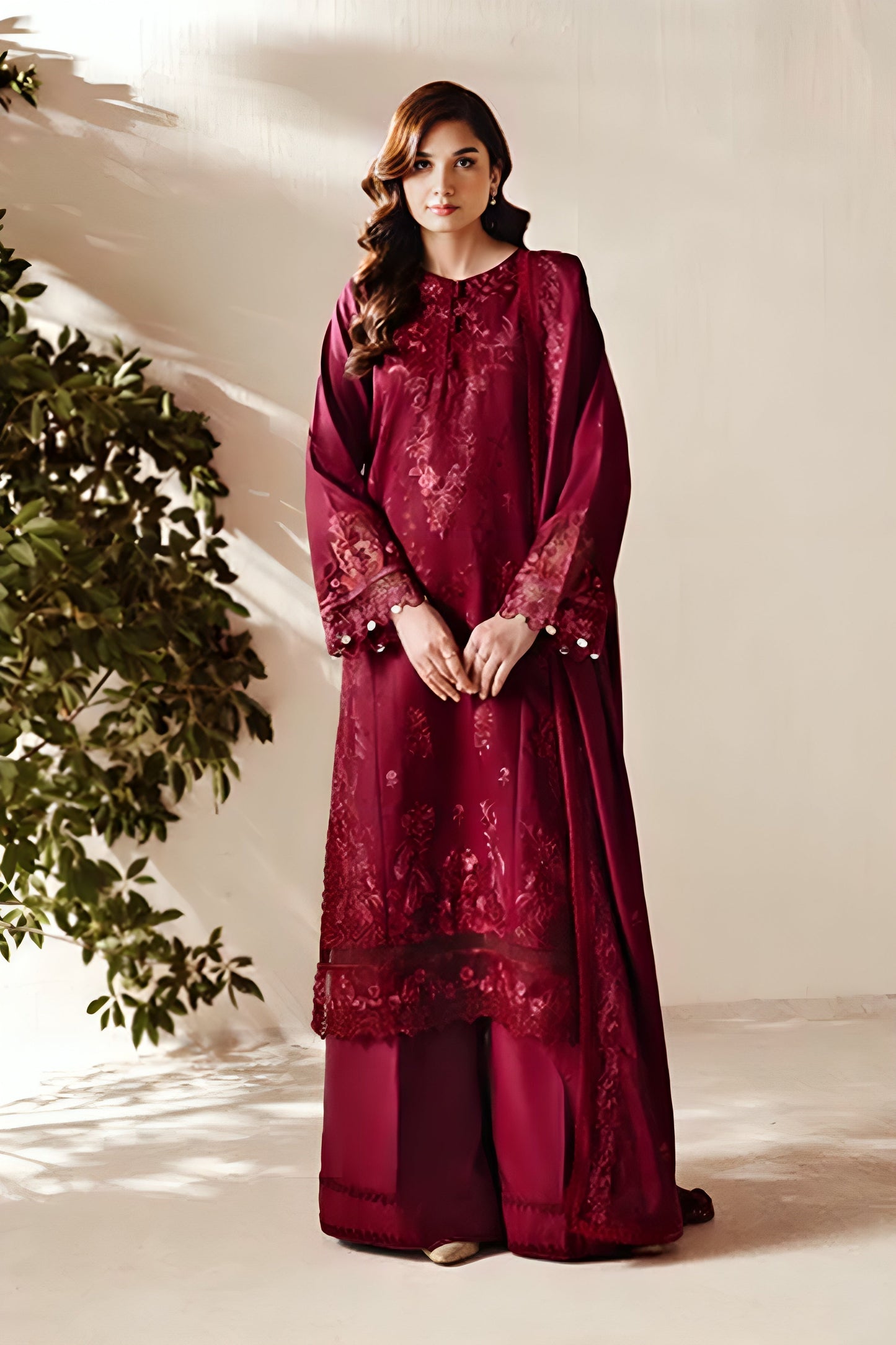 Majestic Maroon Embroidered Luxury Dhanak 3-Piece Outfit