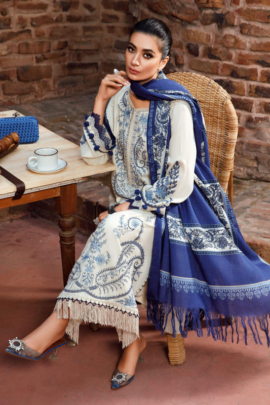 Celestial White Embroided 3-piece Suit with Slub wool Printed Shawl