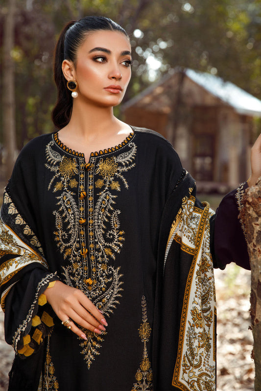 Dark Luxe Embroided 3-piece Suit with Pashmina wool Printed Shawl