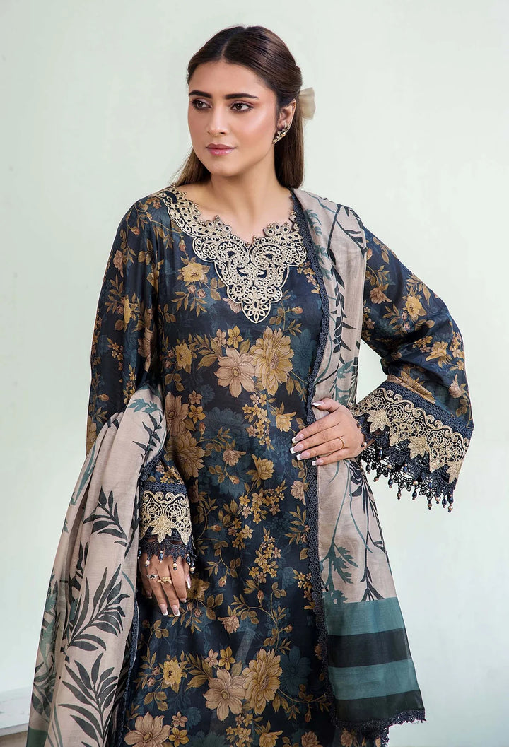 Teal Floral Elegance Printed Dhanak 3-Piece Outfit