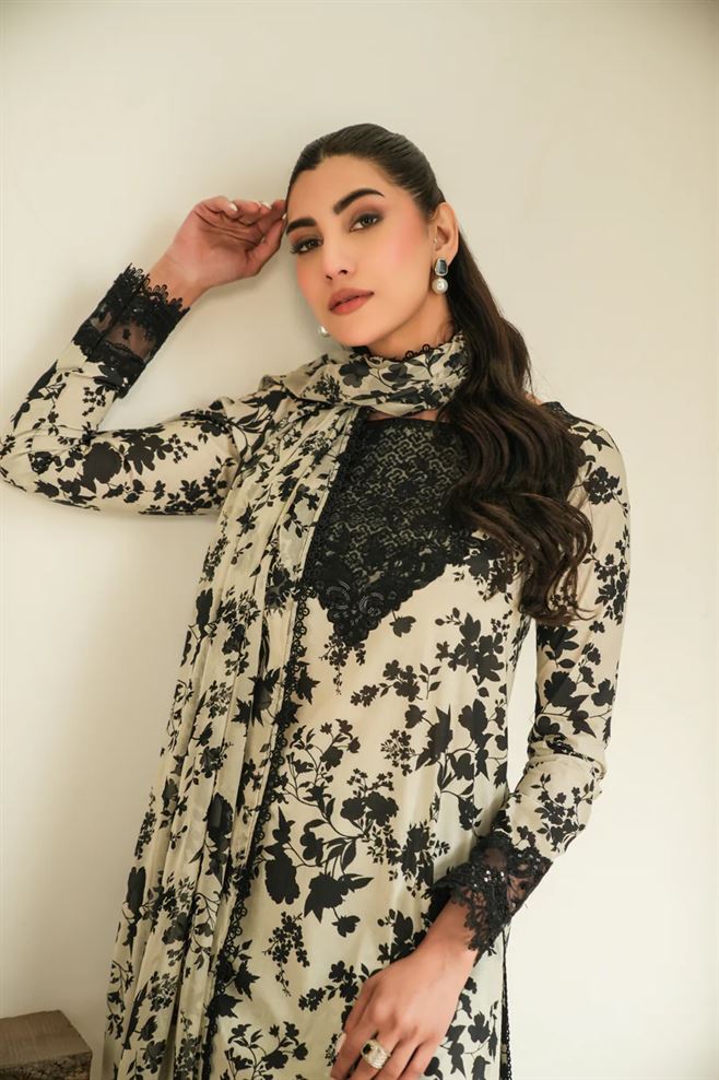 Black & White Printed Pure Dhanak 3-Piece Suit