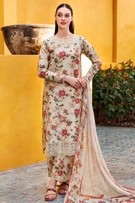 Ivory Floral Fiesta Printed Lawn 3-Piece Outfit – Sophisticated Wear