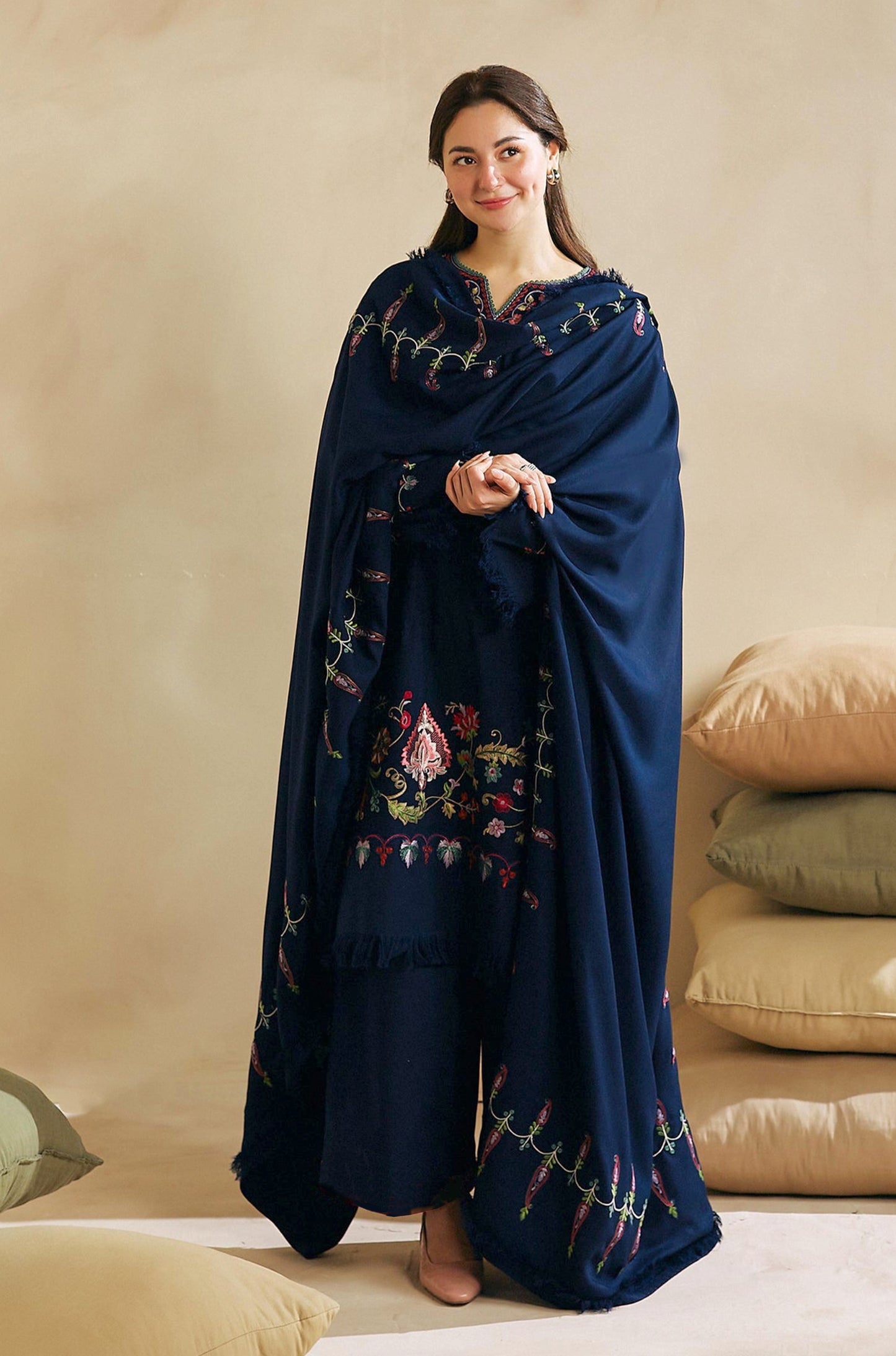Floral Blue Embroidered Dhanak 3-Piece Outfit - Festive Attire