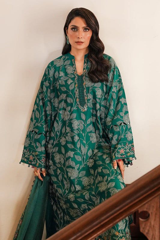 Emerald Green Embroidered Dhanak 3-Piece Suit