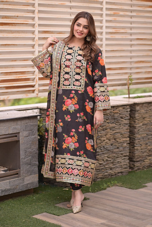 Luxury Black Noir Printed Lawn 3-Piece Outfit – Elegant Occasion Wear