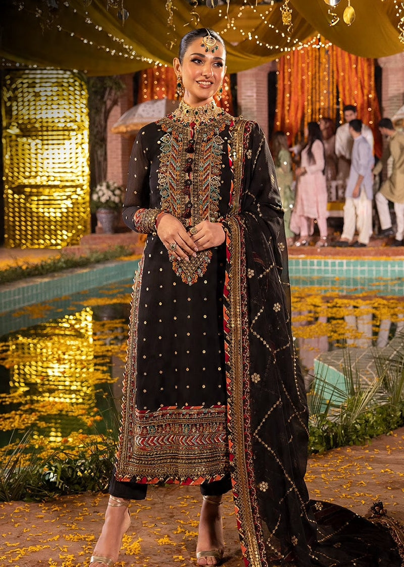 Luxury Black Embroidered Dhanak 3-Piece Suit with Neck Patch