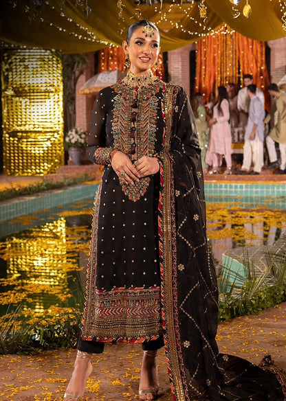 Luxury Black Embroidered Dhanak 3-Piece Suit with Neck Patch