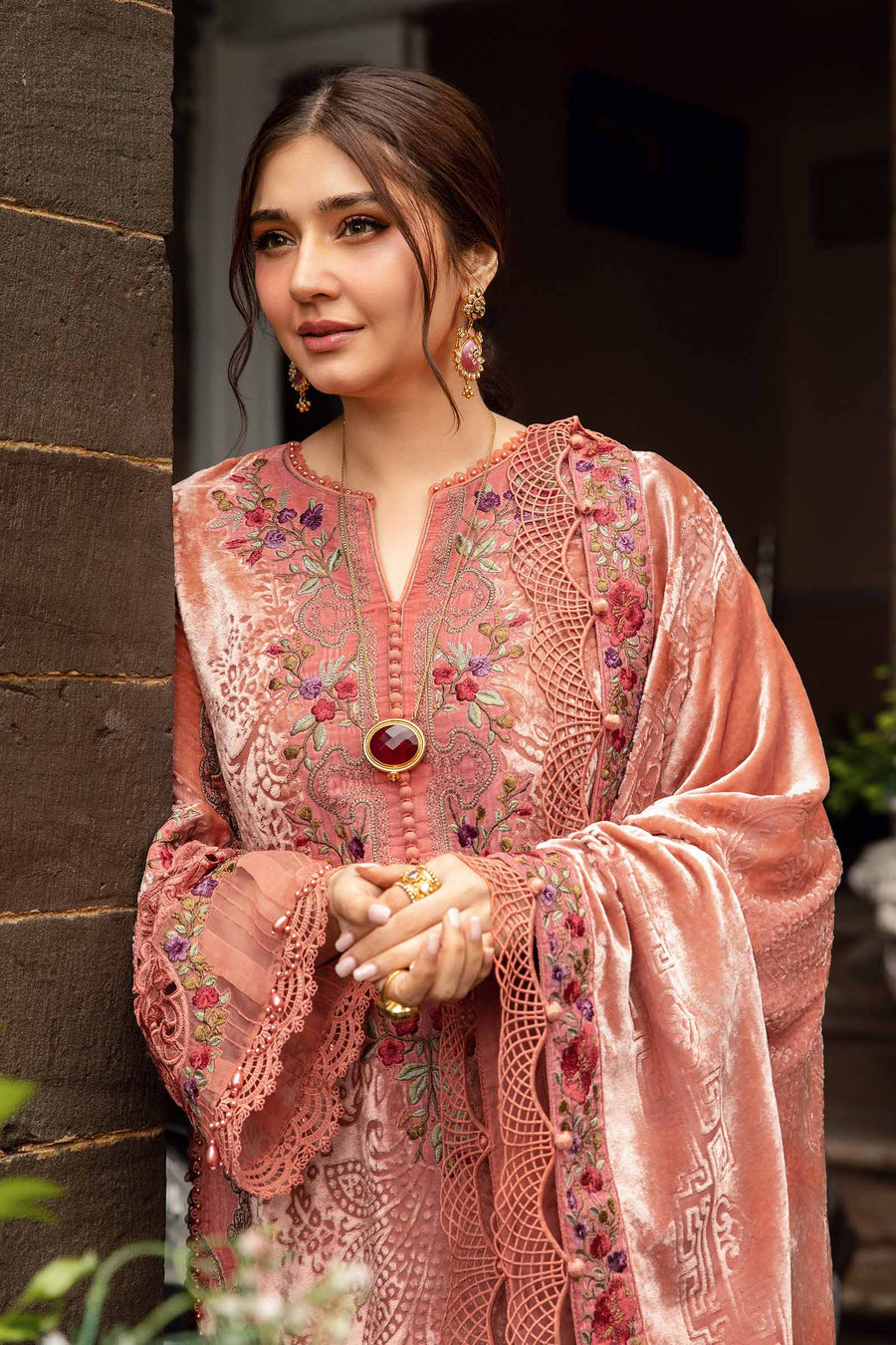 Coral Charm Embroidered Dhanak 3-piece Outfit