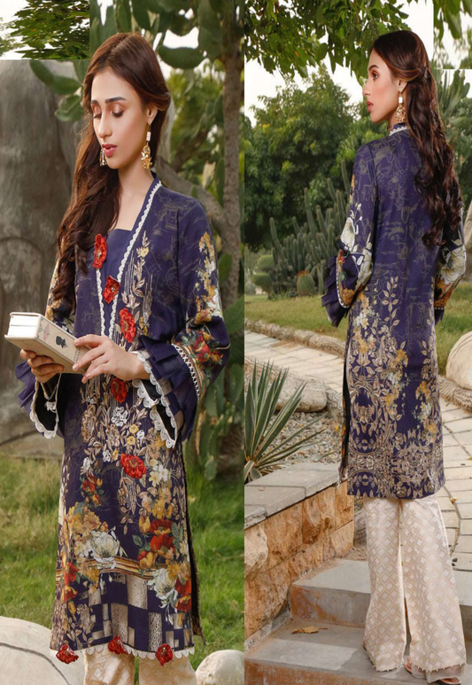 Deep Teal Blue Printed + Embroidered Pure Lawn 3-Piece Suit