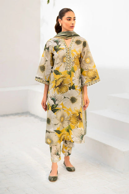 Yellow & Green Floral Printed Dhanak 3-Piece Suit