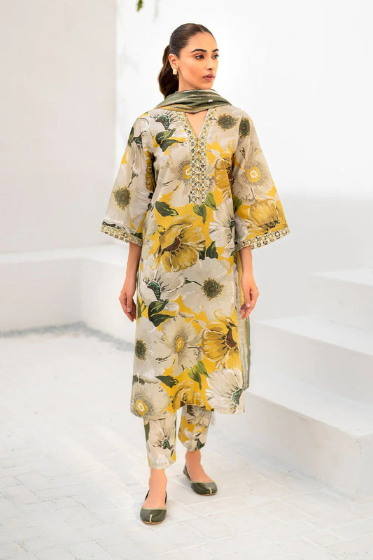 Yellow & Green Floral Printed Dhanak 3-Piece Suit
