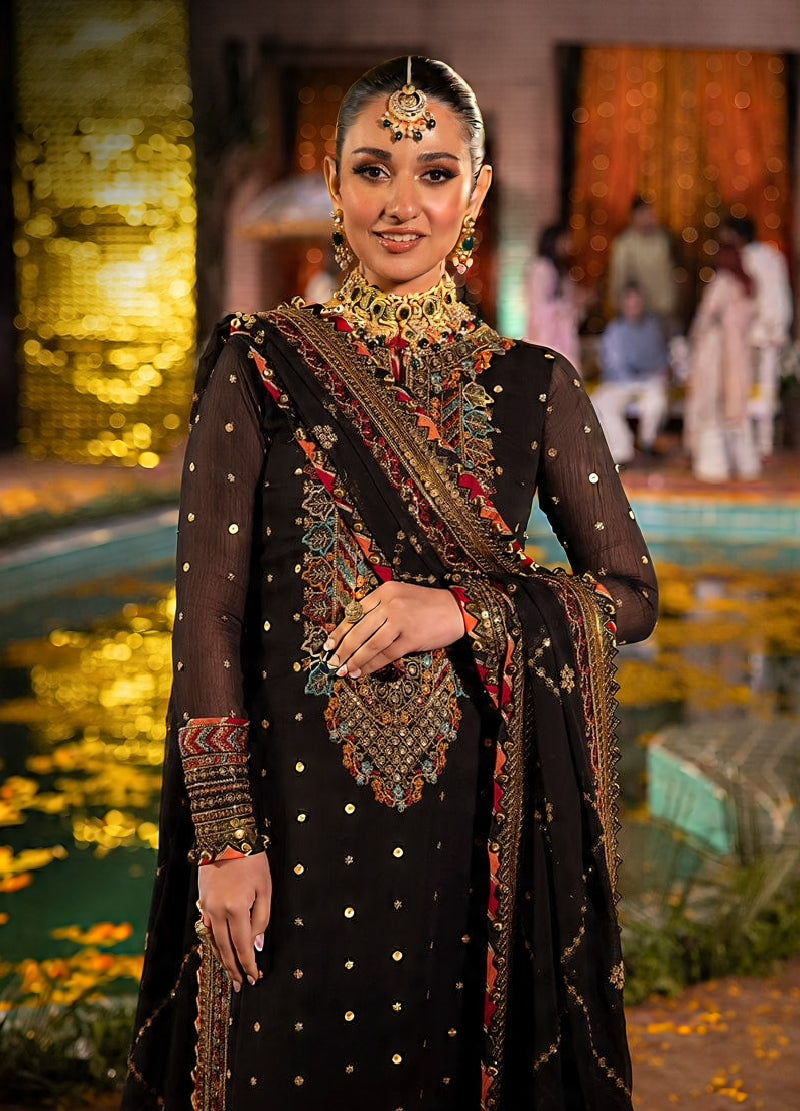 Luxury Black Embroidered Dhanak 3-Piece Suit with Neck Patch