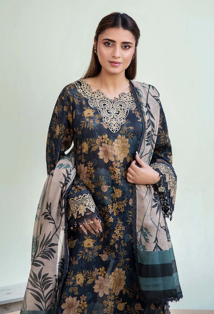 Teal Floral Elegance Printed Dhanak 3-Piece Outfit